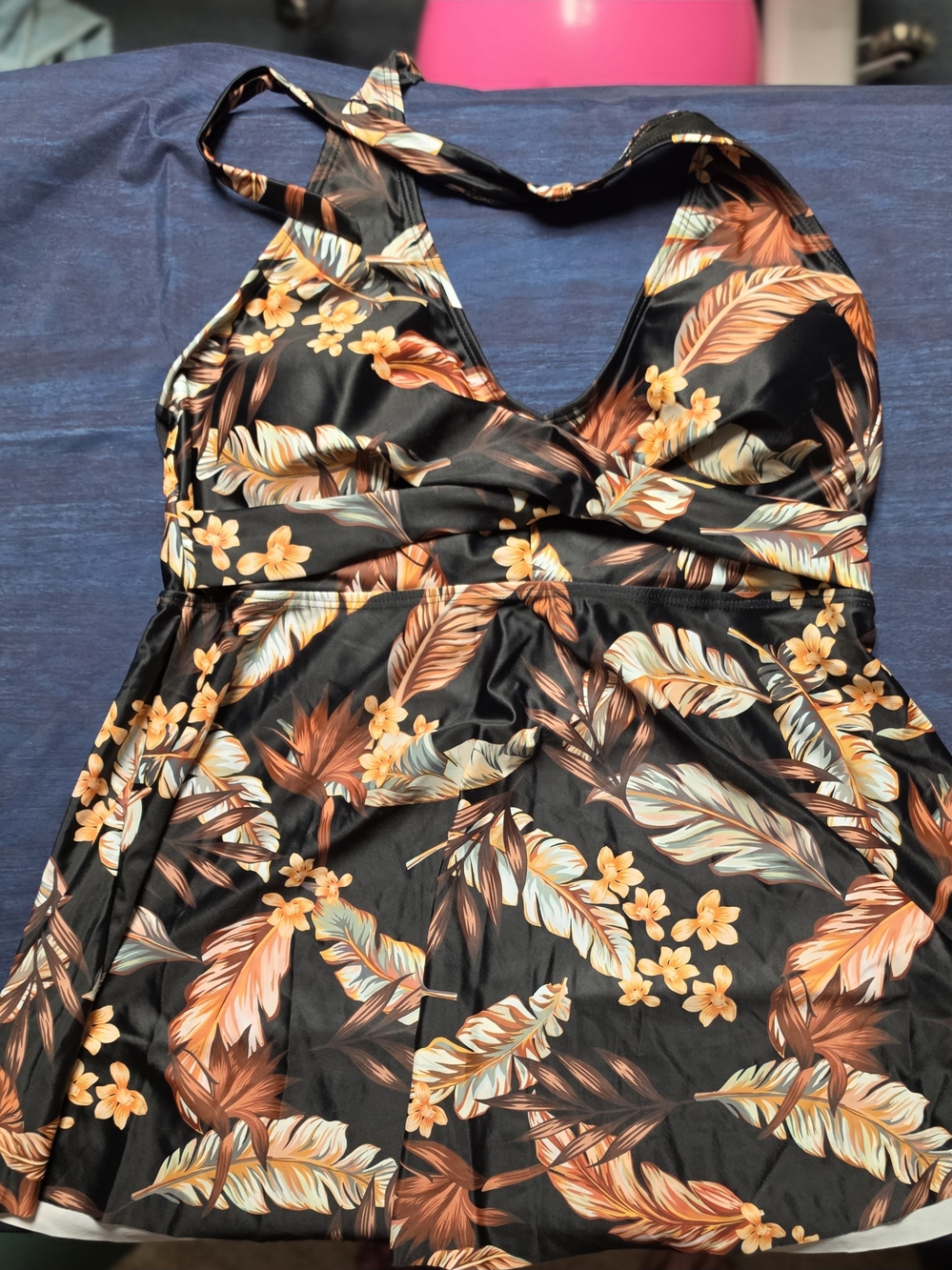 Younique Black Halter Swim Top with Orange Floral & Leaf Print